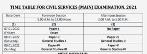 TIME TABLE FOR CIVIL SERVICES (MAIN) EXAMINATION, 2021