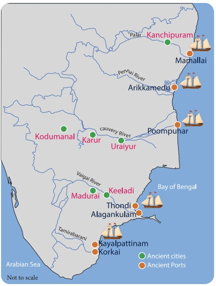Map showing Korkhai, Poopuhar as the Ancient ports of south indis