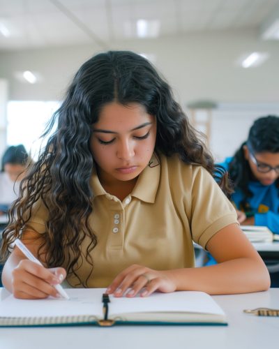 A young female student deeply focused on writing notes during a classroom lecture, embodying the spirit of education.